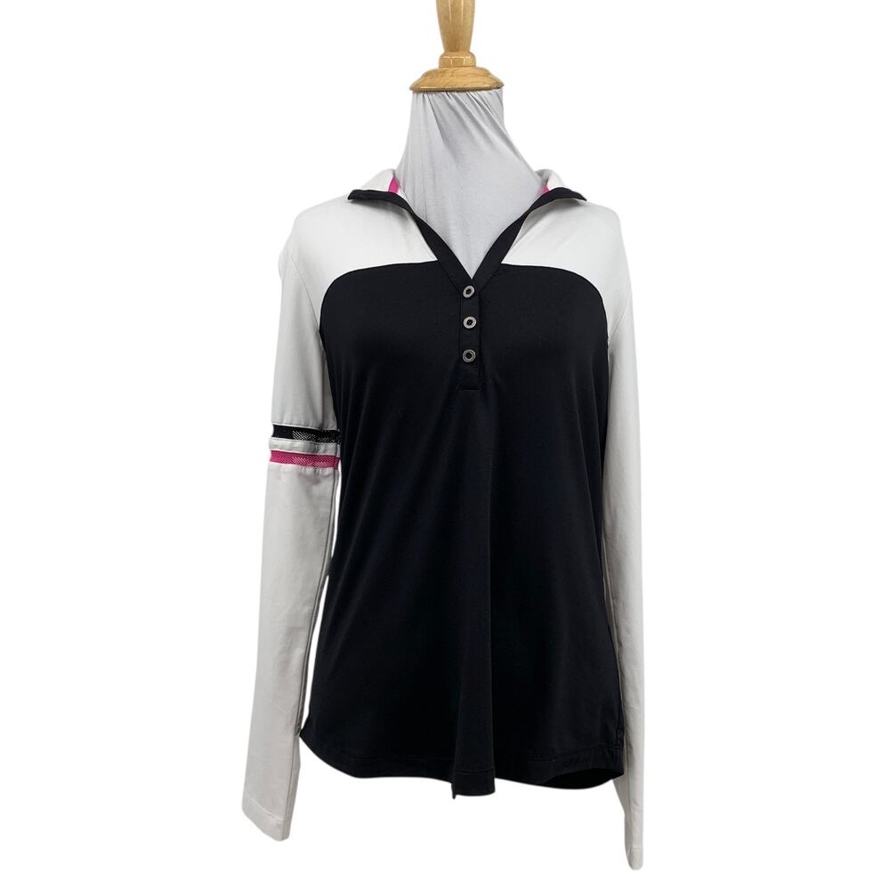 EP New York Shirt Womens M Medium Black White Mesh Lines Long Sleeve Performance